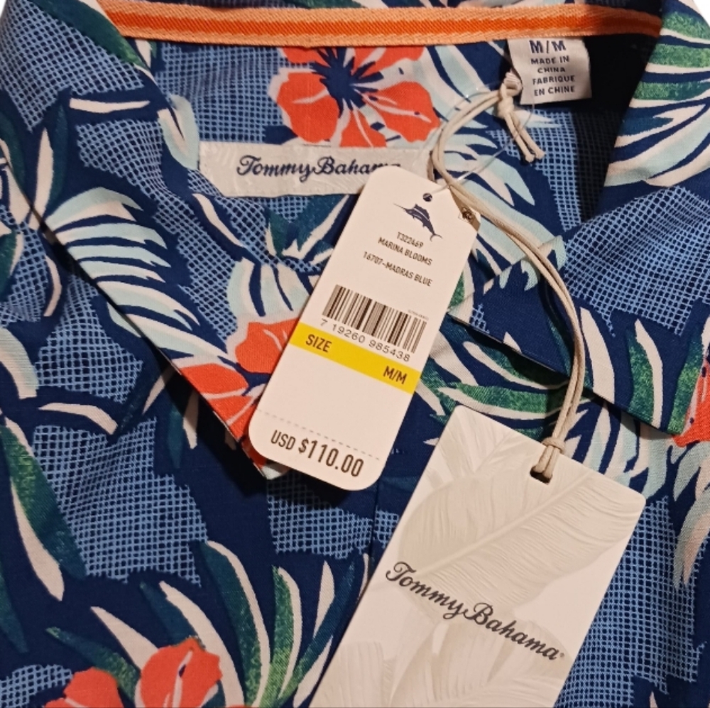 Tommy Bahama Marina Blooms Hawaiiam Shirt Madras Blue